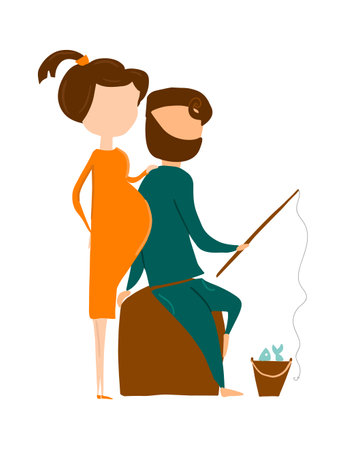 Husband with pregnant wife. Family. hand drawing. Not AI, Vector illustrationのイラスト素材