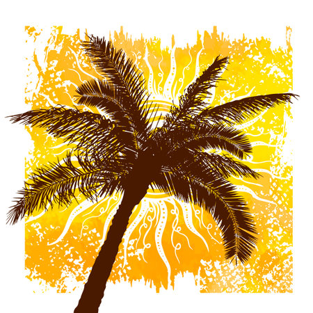 Palm trees on a sunny yellow background. Hello summer camp poster. hand drawing. Not AI. Vector illustrationのイラスト素材