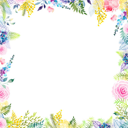 Frame with Yellow mimosa. Spring wreath of the brightest different colorful flowers. Hello Spring . hand drawing. Not AI,のイラスト素材