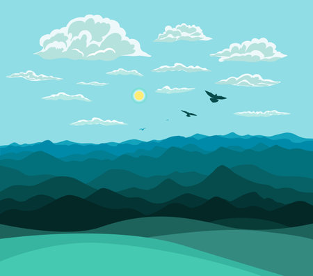 Mountains and hills blue landscape. Hand drawing. Not AI. Vector illustrationのイラスト素材