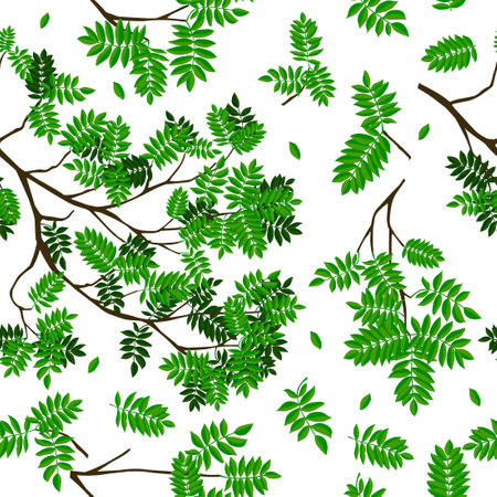 Seamless background of twigs with green leaves. Hand drawing. Not AI. Vector illustrationのイラスト素材