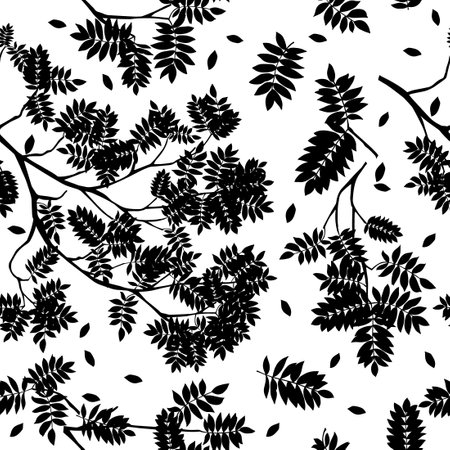 Seamless background of monochrome twigs with black leaves. Hand drawing. Not AI. Vector illustrationのイラスト素材