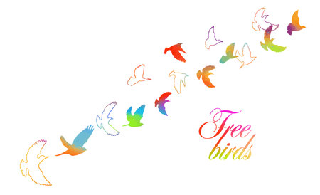 Colored birds. A flock of flying rainbow birds. Not AI, Vector illustrationのイラスト素材