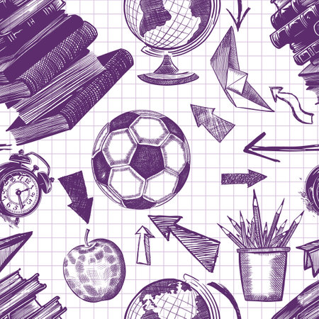 doodle style seamless pattern of blue ink school items. Handmade, not AI Vector illustrationのイラスト素材