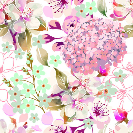 Seamless pattern of pink sakura flowers. hand drawing. Not AI, Vector illustrationのイラスト素材