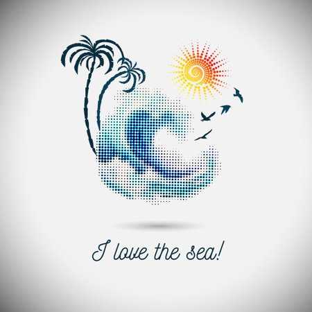 Logo sea palm trees and sun . hand drawing. Not AI. Vector illustrationのイラスト素材