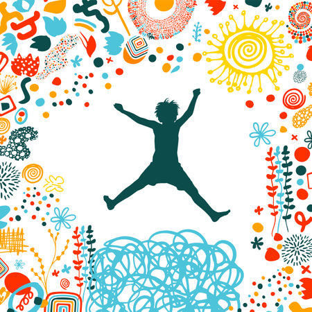 Silhouette of a happy boy jumping. Abstraction happy childhood. hand drawing. Not AI, Vector illustrationのイラスト素材