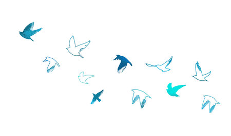 A flock of blue watercolor flying birds. hand drawing. Not AI, Free birds abstraction. Vector illustrationのイラスト素材