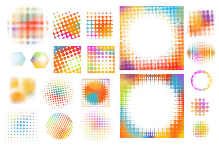 Set of colored halftone dots curved gradient pattern texture isolated on white background. Not AI, Curve dotted spots using halftone circle dot texture collection. Vector blot half tone collection.のイラスト素材
