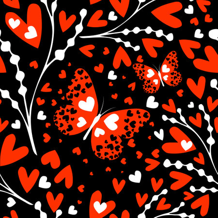 Seamless black background of twigs and hearts with a butterfly. Not AI. Happy Valentines Day. Vector illustration.のイラスト素材