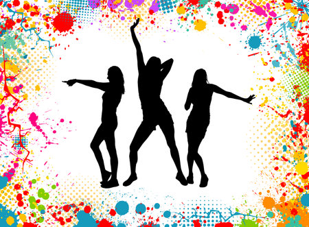 Abstract blots with silhouettes of dancing girls. disco. hand drawing. Not AI. Vector illustrationのイラスト素材