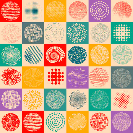 Seamless colored background with different graphic elements. hand drawing. Not AI, Vector illustrationのイラスト素材