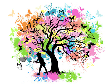 Silhouette of a girl catching butterflies. Childhood and colorful tree. hand drawing. Not AI. Vector illustrationのイラスト素材