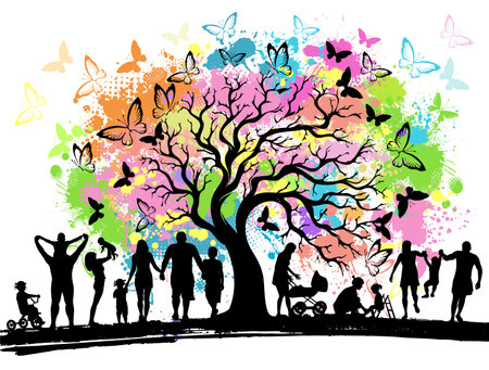 Happy Family silhouettes. Childhood. colorful tree. hand drawing. Not AI. Vector illustrationのイラスト素材