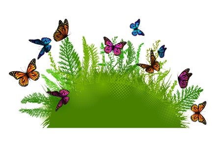 Silhouette of grass and leaves with butterflies. Hand drawing. Not AI. Vector illustrationのイラスト素材