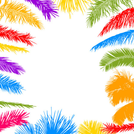 Background with colored palm leaf. hand drawing. Not AI. Vector illustrationのイラスト素材