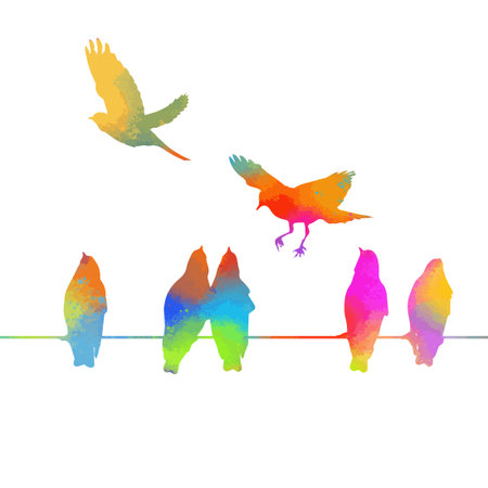 Colorful birds on wires. hand drawing. Not AI, Vector illustrationのイラスト素材