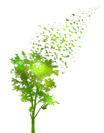 Tree green silhouette and flying birds. hand drawing. Not AI Vectorのイラスト素材