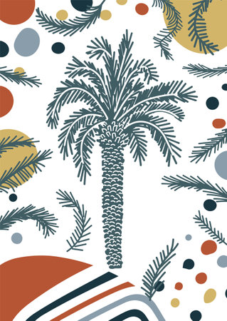 Lovely Hand Drawn Tropical Landscape vector Ilustration with Brown-White Palm Tree on a Light Brown Background.Single Sketched Palm Tree Print ideal for Wall Art, Card, Poster.Exoctic Vacation Design.のイラスト素材