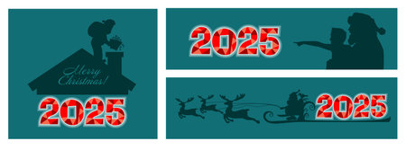 Set of postcards with Santa Claus silhouette. Silhouette of Santa flying in his sleigh. Christmas...