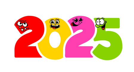 Happy New Year funny 2025 text design. hand drawing. Not AI, Vector illustrations.のイラスト素材