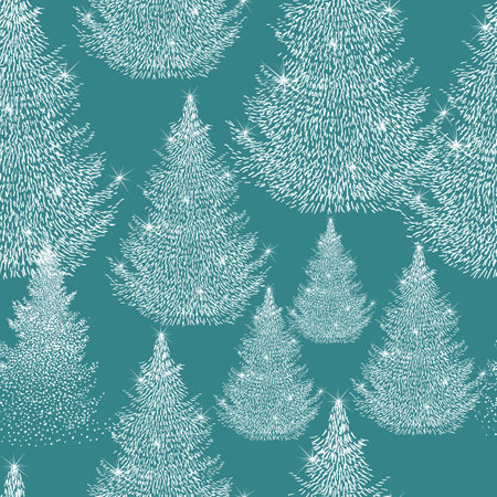 Christmas. Winter background. Winter Forest background. Pine, spruce, christmas tree. Snowy graphic trees seamless pattern panorama view. hand drawing. Not AI, Vector illustrations.のイラスト素材