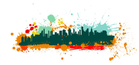 City colorful silhouette with blots. hand drawing. Not AI. Vector illustrationのイラスト素材