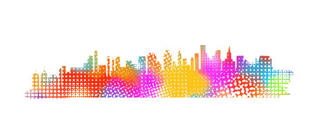 Colored city long panorama. hand drawing. Not AI. Vector illustrationのイラスト素材