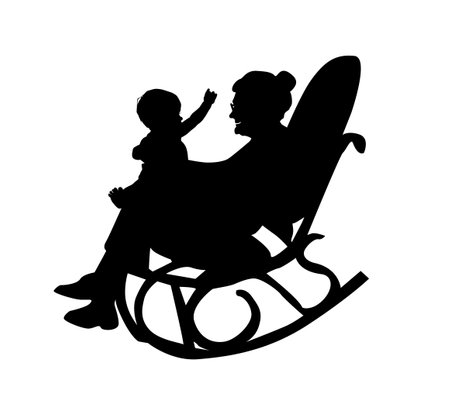 Silhouette of a grandmother with her grandson in her arms. hand drawn. Not AI, Vector illustrationのイラスト素材