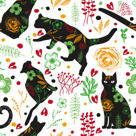 Silhouettes of cats and flowers seamless pattern. hand drawing. Not AI, Vector illustrationのイラスト素材