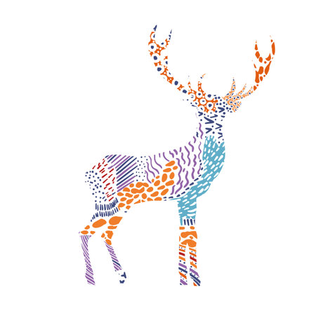 Hand drawn deer illustration, Deer drawing, horns, Wild animal, Forest animal, Noble deer, bambi. Merry Christmas. Not AI, Vector illustrationのイラスト素材