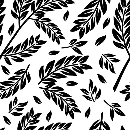 Monochrome seamless background twigs and leaves. hand drawing. Not AI, Vector illustrationのイラスト素材