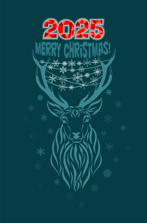 Deer Head Graphic 2025. Snowy Reindeer Christmas Card. Happy New Year. Hand drawn. Not AI, vector illustrationsのイラスト素材