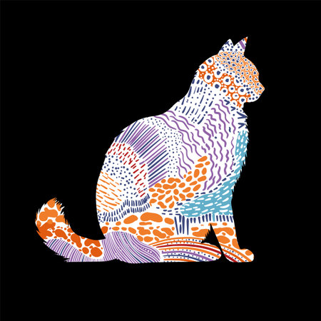 A colorful portrait of a pet cat made up of simple geometric patchwork shapes.のイラスト素材