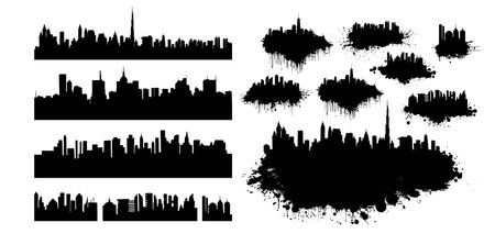 Black and white graphic drawing set city and blots. hand drawing. Not AI. Vector illustration.のイラスト素材