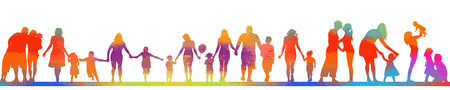 Family parents and kids outdoor activities in park silhouettes set collection. People seniors adults teens kids having fun playing together outside silhouette. hand drawn. Not AI, Vector illustrationのイラスト素材