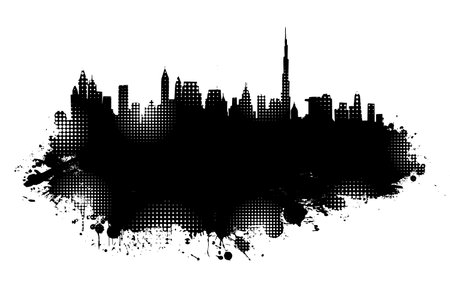 Black and white graphic drawing city and blots. hand drawing. Not AI. Vector illustration.のイラスト素材