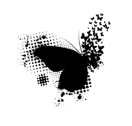 Abstract butterfly silhouette composed of smaller butterflies with halftone effectのイラスト素材