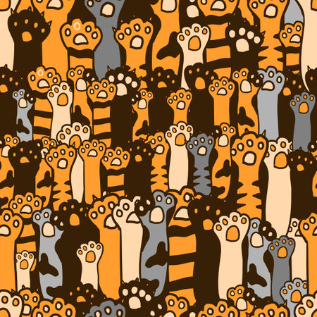 Cat paw pattern with heart motifs in seamless design. Features paw prints in orange, black, and gray tones. Seamless pattern wallpaper background.のイラスト素材