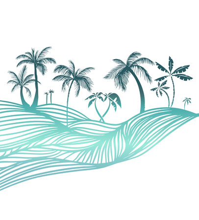 Hello summer . Blue palm trees horizontal background. Not AI, Vector illustrationのイラスト素材