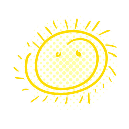 Cute doodle sun shine. Doodle sun sketch illustration. Hand drawn cute orange sun hand drawn. Not AI, Scribble doodle children drawn style. Vector illustration.のイラスト素材
