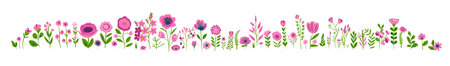 Set of different pink vector flowers . Flowers in the meadow horizontal banner hand drawn. Not AI, Vector illustrationのイラスト素材