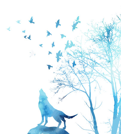Blue wolf howling in the forest. hand drawn. Not AI, Vector illustrationのイラスト素材