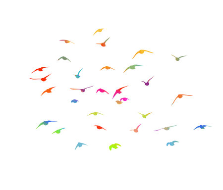 Flying colored birds silhouettes on white background. Vector illustration. isolated bird flying. tattoo design.のイラスト素材