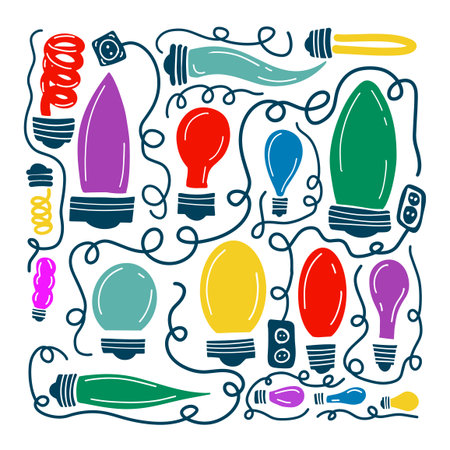 Set of colored light bulbs. hand drawing. Not AI. Vector illustrationのイラスト素材