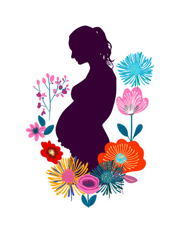 Silhouette of a pregnant woman with flowers abstract. Stock vector illustration. hand drawn. Not AI.のイラスト素材