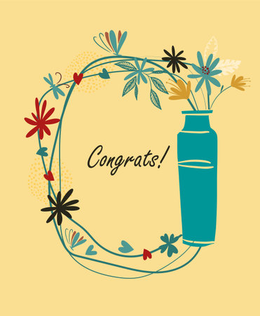 Simple card with flowers and a vase. hand drawing. Not AI, Vector illustrationのイラスト素材