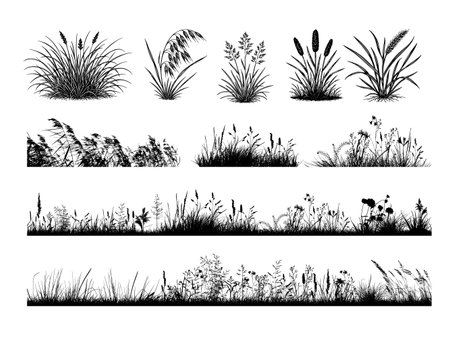 Grass silhouette. Black field isolated elements. Spring summer hand drawn herb, park lawn meadow sketch style, cartoon flat isolated botanical elements, ecological symbol. Vector doodle illustrationのイラスト素材