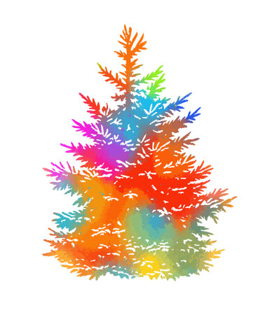 Colorfull decorated Christmas and new year tree. Hand drawn. Not AI, vector illustration.のイラスト素材
