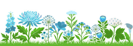 Blue flowers horizontal background grass. Hand drawn. Not AI, vector illustrationのイラスト素材